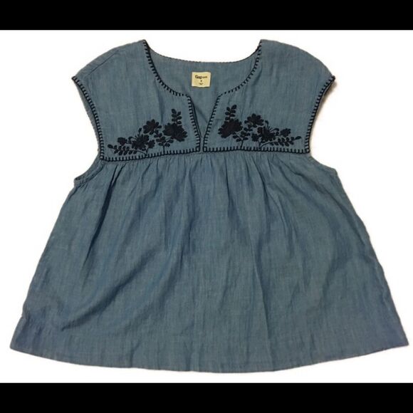 Gap Embroidered Chambray Babydoll Top Sz M - Picture 1 of 5